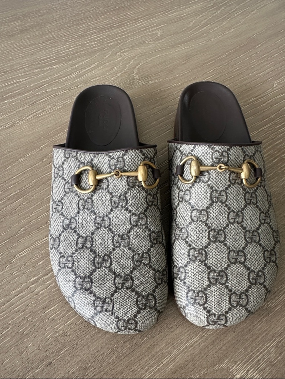 Gucci GG Monogram Horsebit Canvas Slides in Gray and Gold